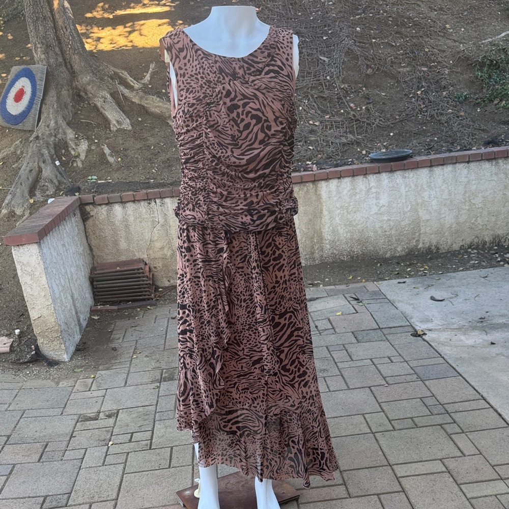 Jane and Delancey Asymmetrical Animal Print Dress - Black and Brown ruched